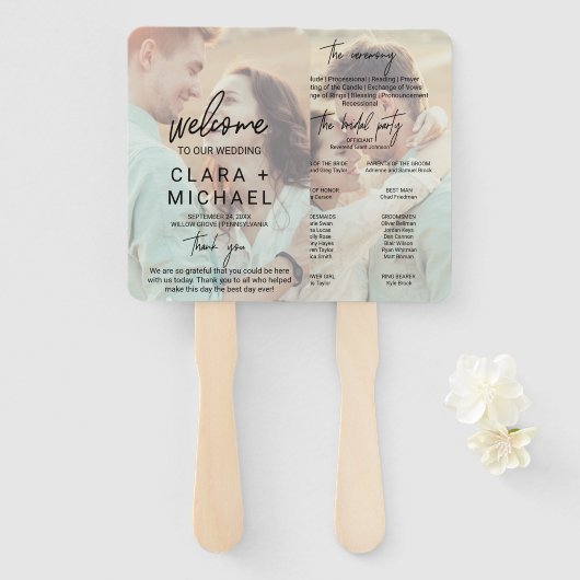 Whimsical Calligraphy Faded Photo Wedding Program Handwaaier (Voorkant en achterkant)