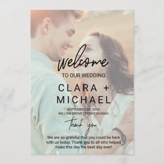 Whimsical Calligraphy Faded Photo Wedding Program Programmakaart (Voorkant)