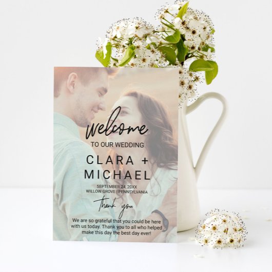 Whimsical Calligraphy Faded Photo Wedding Program Programmakaart