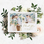 Whimsical Calligraphy Gold Photo Collage Wedding Bedankkaart<br><div class="desc">Verstuur uw dankbaarheid aan gasten voor het deel uitmaken van uw speciale dag met deze aanpasbare fotocollage dank u kaart. Het kenmerkt een grillig manuscript en klassieke typografie. Aangepast door je eigen details toe te voegen en je favoriete trouwfoto's te voorzien.</div>
