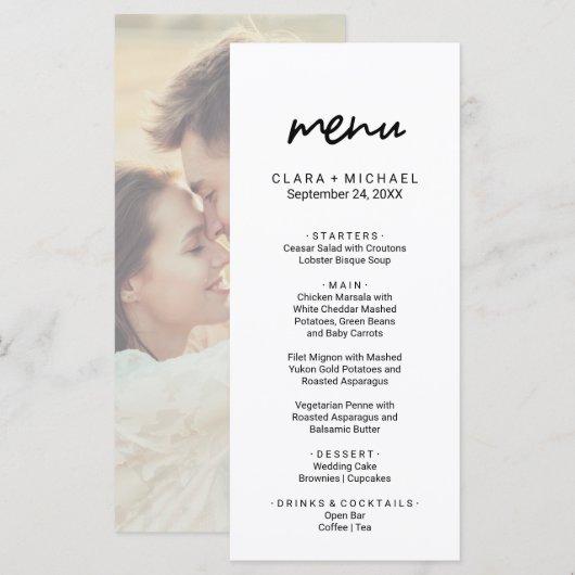 Whimsical Calligraphy Photo Back Dinner Menu Kaart (Voorkant / Achterkant)