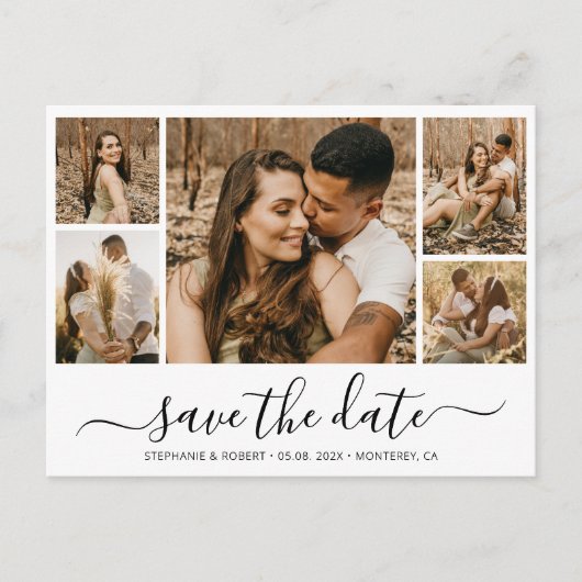 Whimsical Calligraphy Photo Collage Save the Date Uitnodiging Briefkaart (Voorkant)