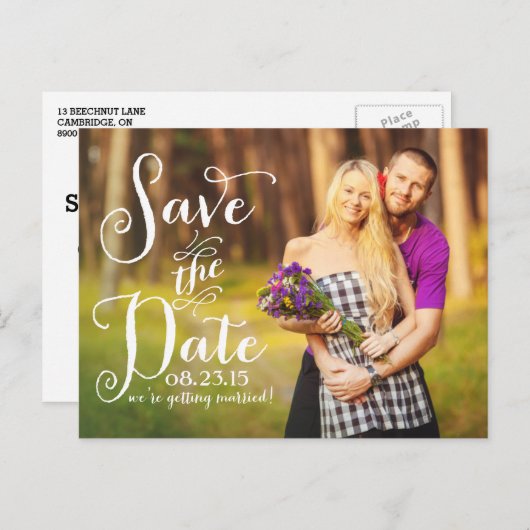 Whimsical Calligraphy Photo Save the Date Briefkaa Aankondigingskaart (Voorkant / Achterkant)