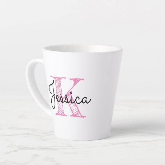 Whimsical Calligraphy Pink and Black Monogram Latte Mok (Linkerhoek)