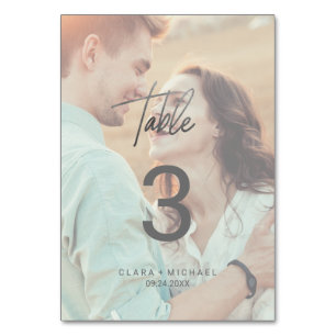 Whimsical Calligraphy Silver Photo Table Number Kaart