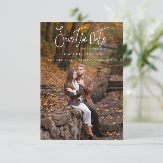 Whimsical Calligraphy Trouwfoto Verloving Save The Date (Staand voorkant)