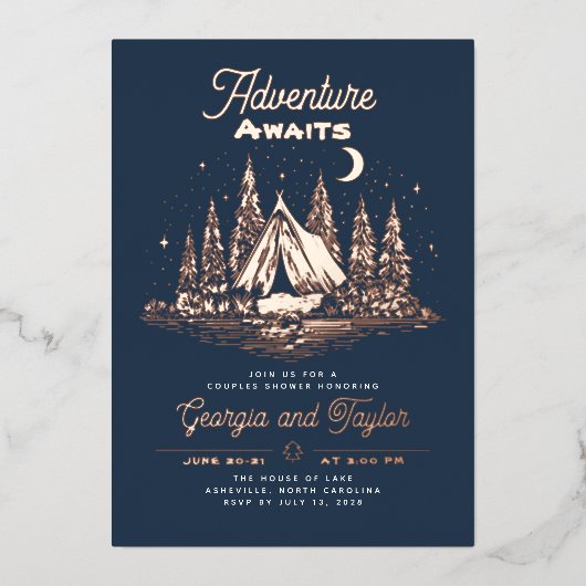 Whimsical Camping Couples Shower Adventure Awaits Folie Uitnodiging (Voorkant)