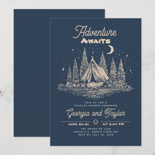 Whimsical Camping Couples Shower Adventure Awaits Kaart (Voorkant / Achterkant)