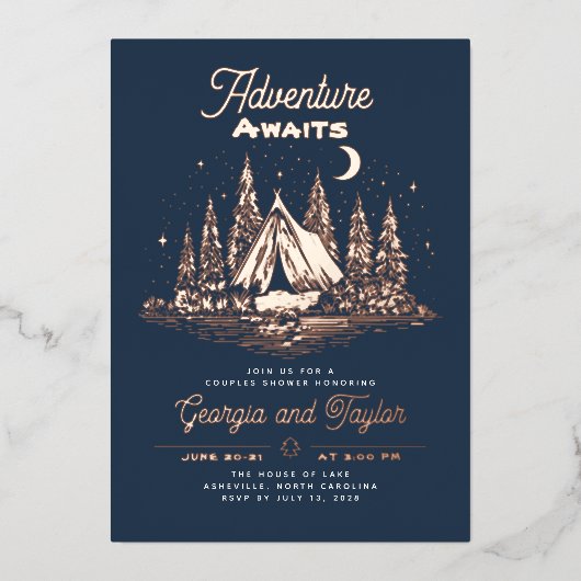 Whimsical Camping Koppels Bruiloftsfeest Avontuur Folie Uitnodiging (Voorkant)