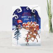 Whimsical Canadian Village & Moose New Year Feestdagen Kaart (Voorkant)