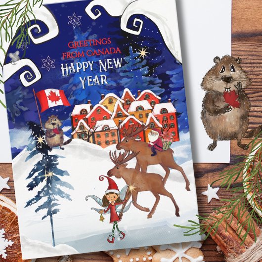 Whimsical Canadian Village & Moose New Year Feestdagen Kaart