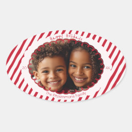  Whimsical Candy Cane Stripe Holiday Photo Ovale Sticker
