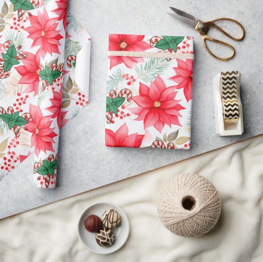 Whimsical Candy Canes & Poinsettias Kerstmis Cadeaupapier (Crafts)
