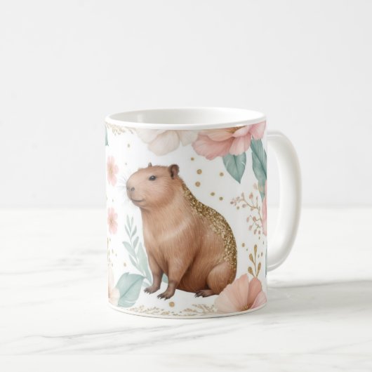 Whimsical Capybara en Bloemen Verrukking Koffiemok (Voorkant rechts)