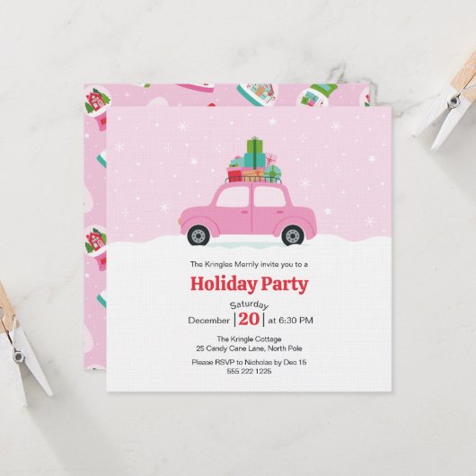 Whimsical Car with Christmas Gifts in Pink Kaart (Voorkant / Achterkant in situ)