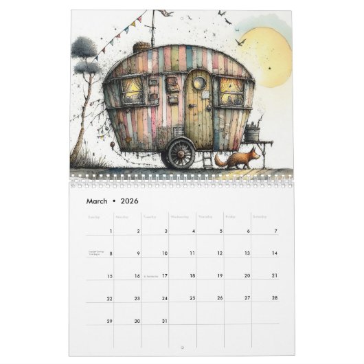 Whimsical  Caravans Waterverf Illustratie Kalender (Mar 2026)