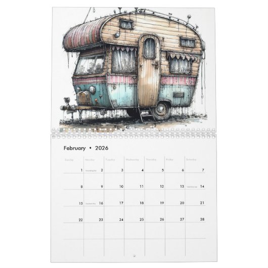 Whimsical  Caravans Waterverf Illustratie Kalender (Feb 2026)