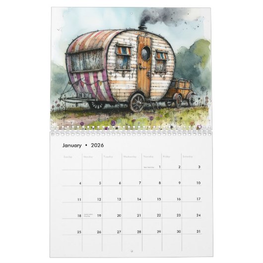 Whimsical  Caravans Waterverf Illustratie Kalender (Jan 2026)