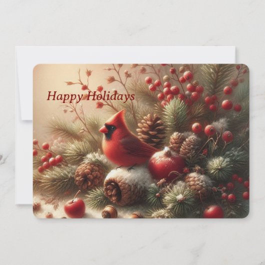 Whimsical Cardinal & Winter Berries Kerstkaart (Voorkant)