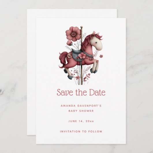 Whimsical Carousel Horse Image Baby Shower Save The Date (Voorkant / Achterkant)
