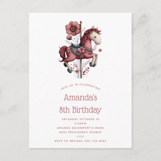 Whimsical Carousel Horse Image Birthday Uitnodiging Briefkaart (Voorkant)