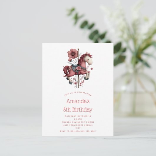 Whimsical Carousel Horse Image Birthday Uitnodiging Briefkaart (Staand voorkant)