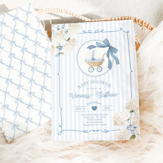 Whimsical Carriage French nursery Blue Baby shower Kaart