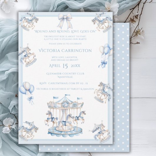 Whimsical Carrousel Blue Boy Baby shower Kaart