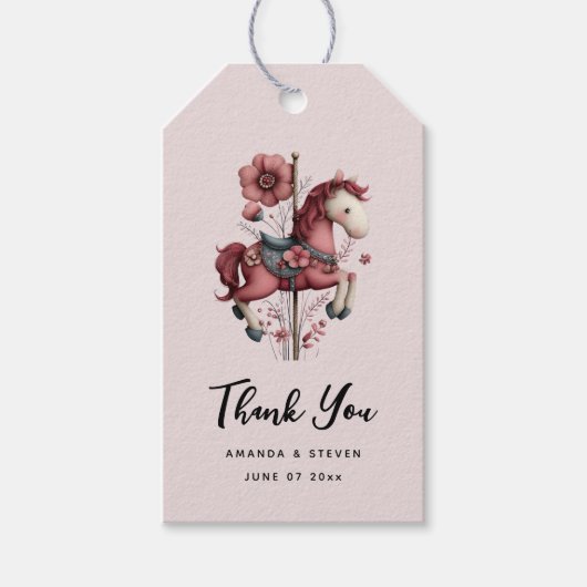 Whimsical Carrousel Paard Afbeelding Bruiloft Cadeaulabel (Voorkant)