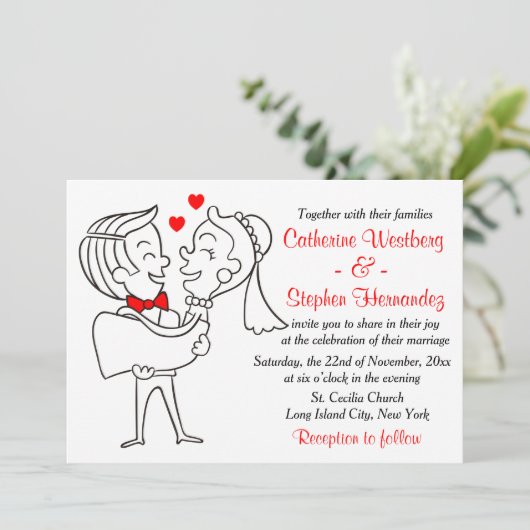 Whimsical Cartoon Bride & Groom Red, White Wedding Kaart (Staand voorkant)