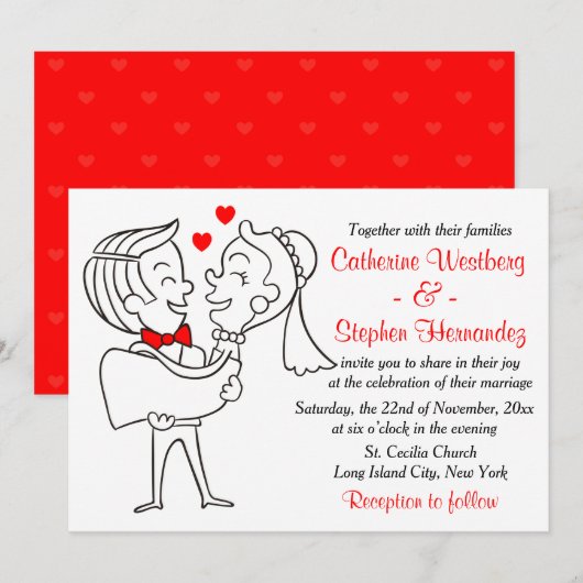 Whimsical Cartoon Bride & Groom Red, White Wedding Kaart (Voorkant / Achterkant)