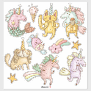 Whimsical Cartoon Doodle Eenhoorns Illustraties Sticker