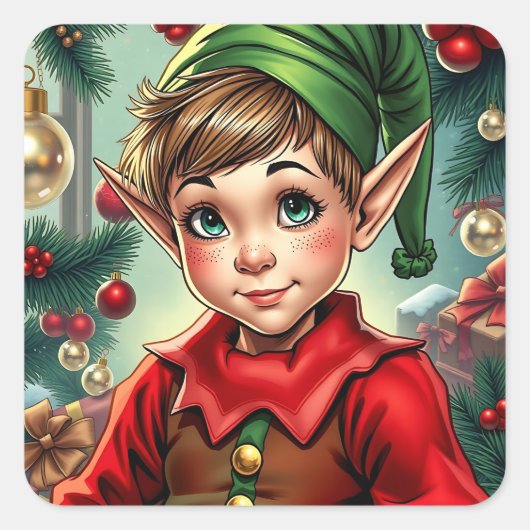 Whimsical Cartoon Elf | Christmas Vierkante Sticker (Voorkant)