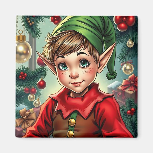 Whimsical Cartoon Elf | Kerstmis Magneet (Voorkant)