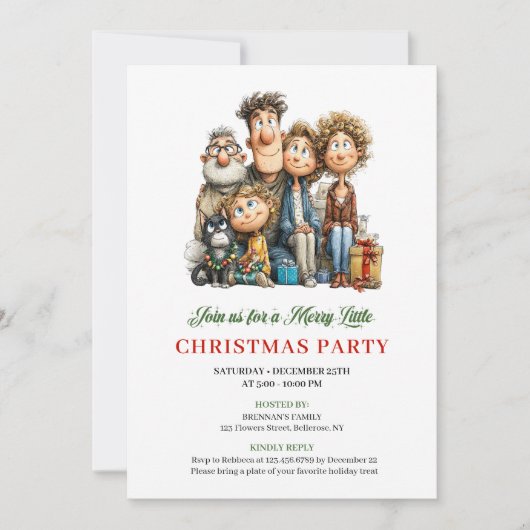Whimsical Cartoon Family Red Green Holiday Invite Kaart (Voorkant)