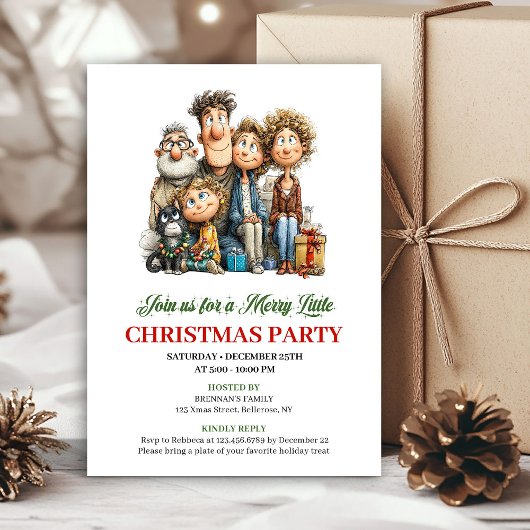 Whimsical Cartoon Family Red Green Holiday Invite Kaart