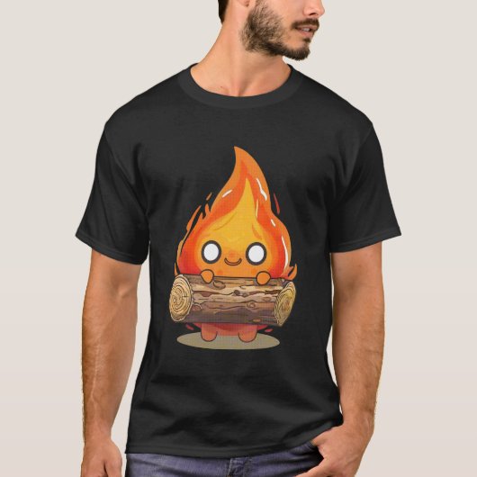 Whimsical Cartoon Flame Holding Log T-shirt (Voorkant)