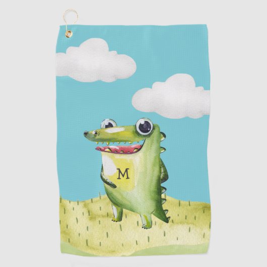 Whimsical Cartoon Gator met Monogram Golfhanddoek (Voorkant)