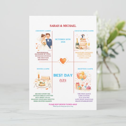Whimsical Cartoon Icons Wedding Timeline Program Programmakaart (Staand voorkant)