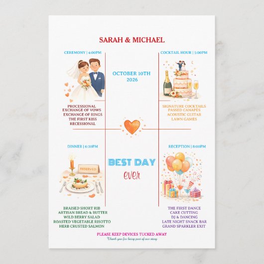 Whimsical Cartoon Icons Wedding Timeline Program Programmakaart (Voorkant)