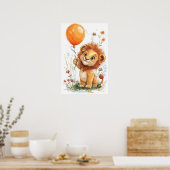 Whimsical Cartoon Lion Cub Holding Ballon Digitaal Poster (Keuken)