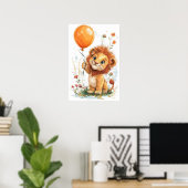 Whimsical Cartoon Lion Cub Holding Ballon Digitaal Poster (Thuiskantoor)