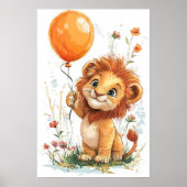 Whimsical Cartoon Lion Cub Holding Ballon Digitaal Poster (Voorkant)
