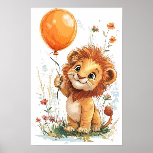 Whimsical Cartoon Lion Cub Holding Ballon Digitaal Poster (Voorkant)