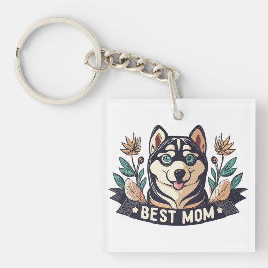 Whimsical Cartoon Siberische Husky Dog Moeder Sleutelhanger (voorkant)