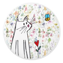 Whimsical Cat and Bee door Knob Keramische Knop