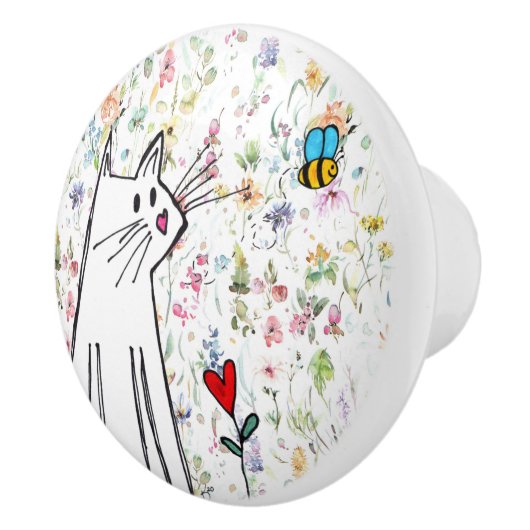 Whimsical Cat and Bee door Knob Keramische Knop (Rechts)