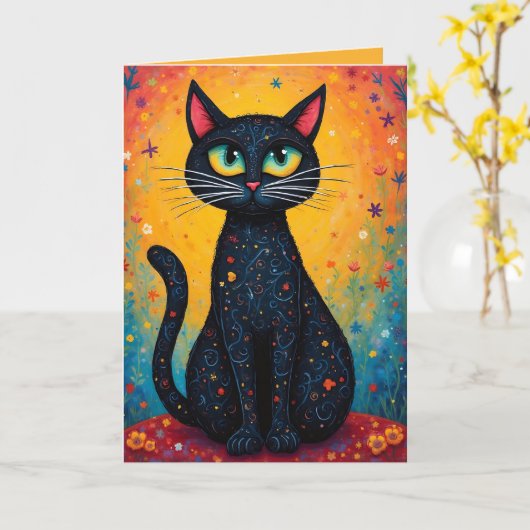 Whimsical Cat Blank DIY Tekst Kaart (Gele Bloem)