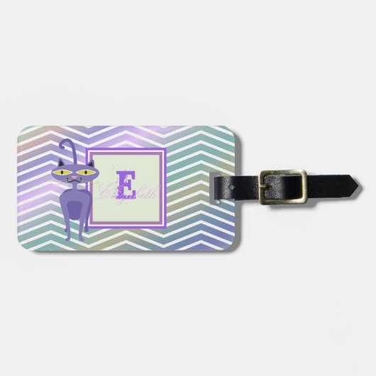 Whimsical Cat Chevron Zigzag, Monogram-Personalisa Bagagelabel (Voorkant horizontaal)