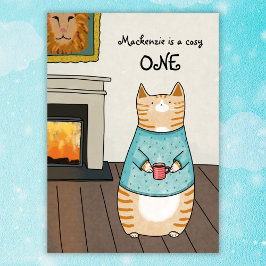 Whimsical Cat Cozy ONE Cat Winter 1e verjaardag Kaart